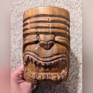 WOOD carved Tiki mug